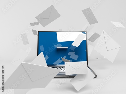 3d laptop with many white envelopes photo