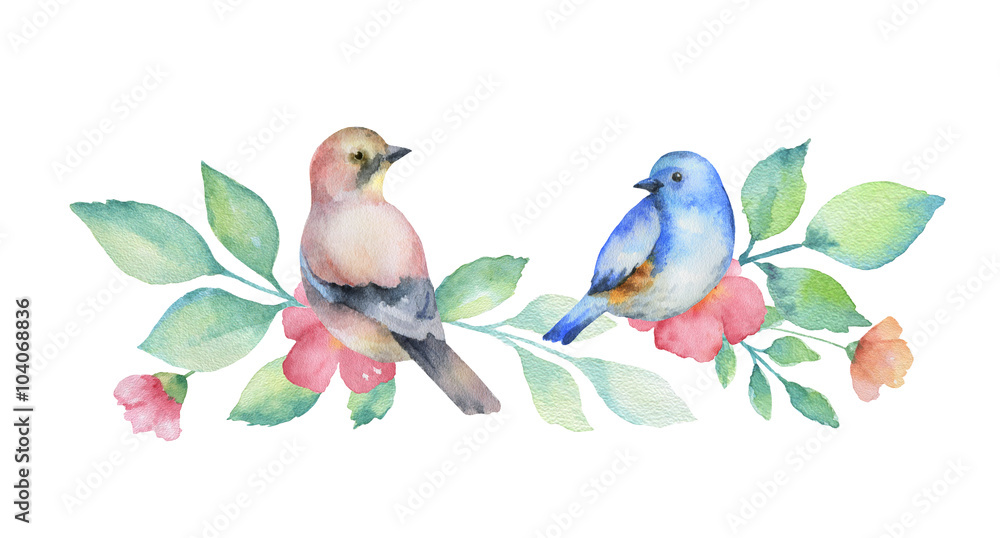 Obraz premium Watercolor colored bouquets of flowers and birds.