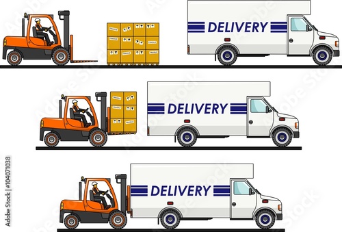 The process of loading with forklift, truck, van and boxes isolated on white background in flat style. Vector illustration.
