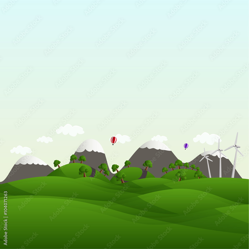 Landscape with fields and hills. Think Green. Ecology Concept.
