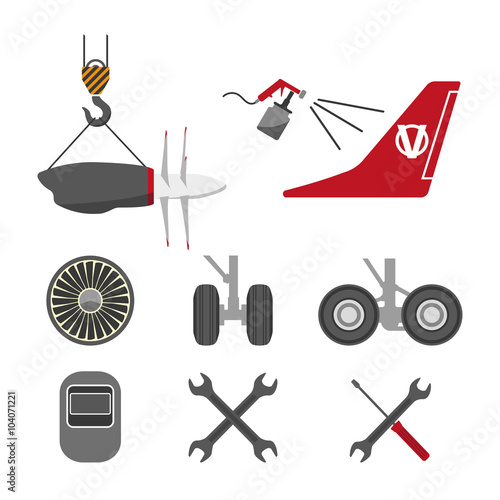 Set of aircraft parts on white background. Flat vector icons set. Airc
