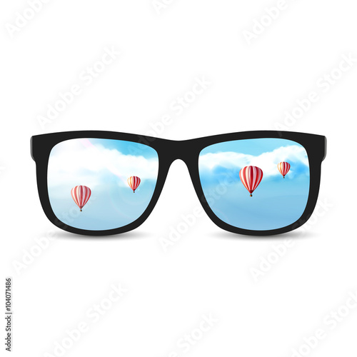 Sunglasses with blue cloudy summer sky. Vector illustration.
