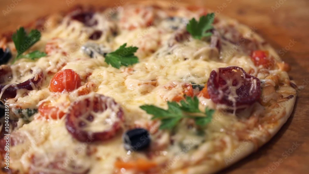 Pizza with ham, pepper, tomato and olives Pizza with ham, pepper, tomato and olives