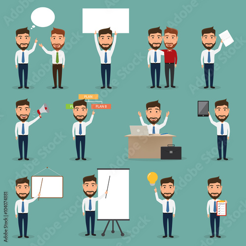 set of business man character at office work. people character.