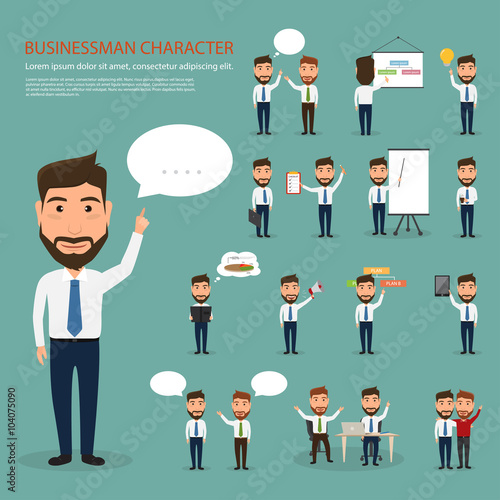 set of business man character at office work. people character.