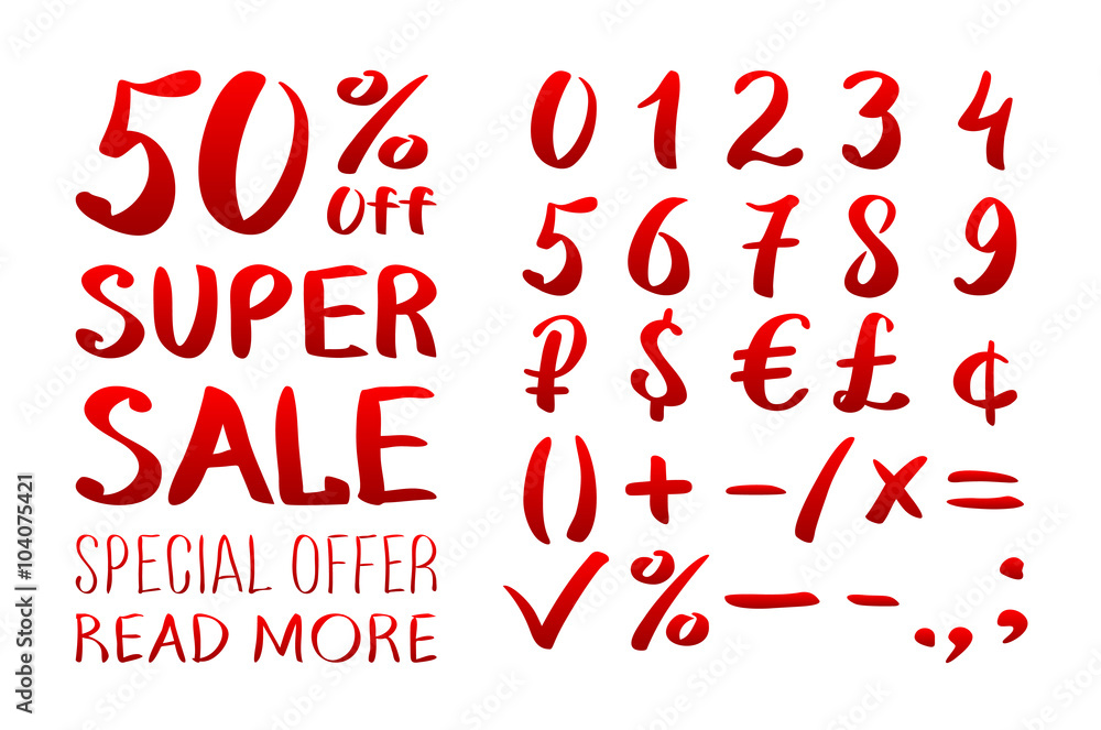 Numbers 0-9 written with a brush on a white background lettering. Super Sale. Big sale. Sale tag. Sale poster. Sale vector. Super Sale and special offer. 50% off. Vector illustration.