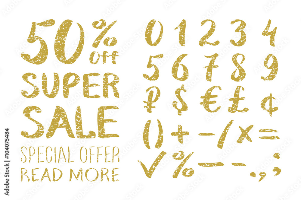 Gold glittering alphabet - numbers (figures), currency signs. Super Sale. Big sale. Sale tag. Sale poster. Sale vector. Super Sale and special offer. 50% off. Vector illustration. Gold glittering alphabet - numbers (figures), currency signs. Super Sale. Big sale. Sale tag. Sale poster. Sale vector. Super Sale and special offer. 50% off. Vector illustration.