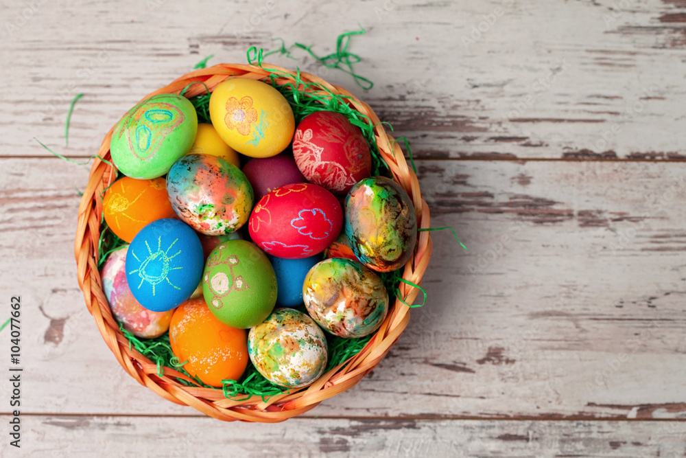 Fototapeta premium Easter eggs on rustic wooden background