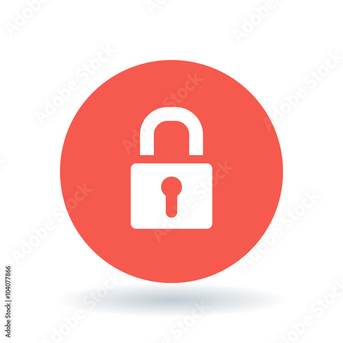 Padlock icon. Security lock sign. Secure protection symbol. White secure padlock icon on red circle background. Vector illustration.