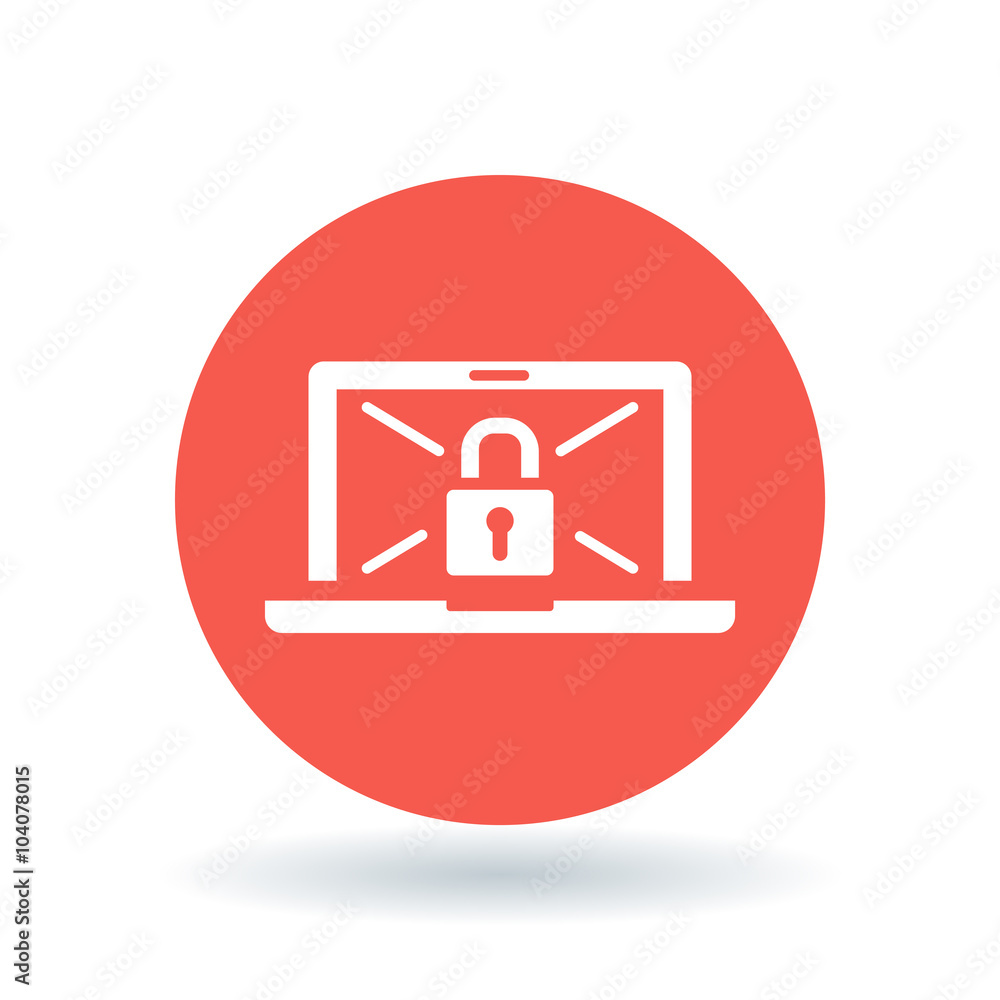 Secure laptop icon. Notebook padlock sign. Password restricted laptop symbol. White secure laptop icon on red circle background. Vector illustration. Secure laptop icon. Notebook padlock sign. Password restricted laptop symbol. White secure laptop icon on red circle background. Vector illustration.