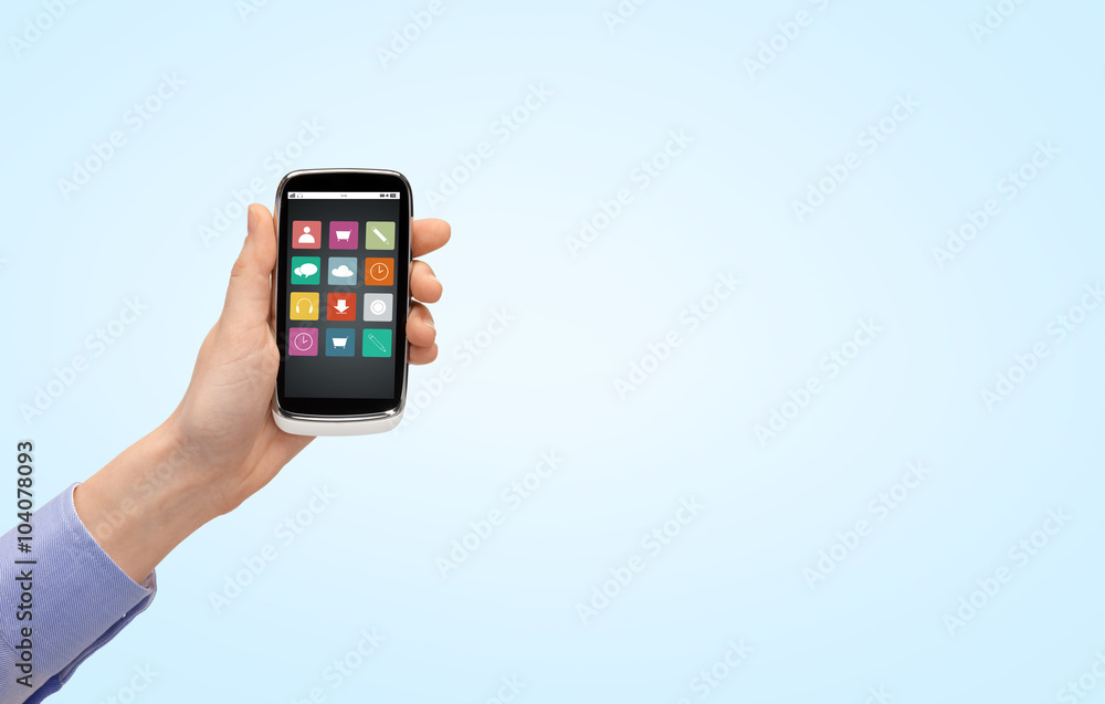 close up of hand with smartphone menu icons close up of hand with smartphone menu icons