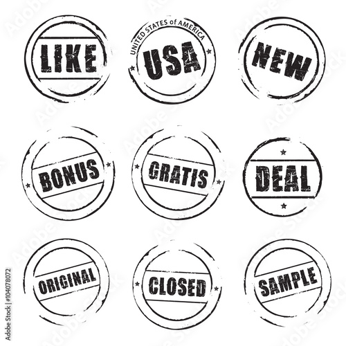 Set black vector grunge stamps BONUS, LIKE, NEW, DEAL, USA