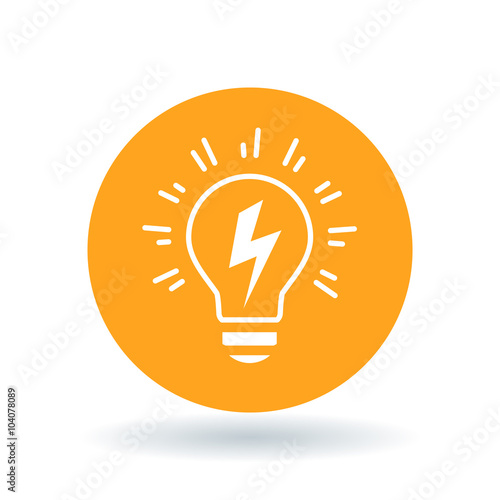 Conceptual lightbulb Idea icon. lightbulb flash sign. lightbulb electricity symbol. White lightbulb bolt flash icon on orange circle background. Vector illustration.