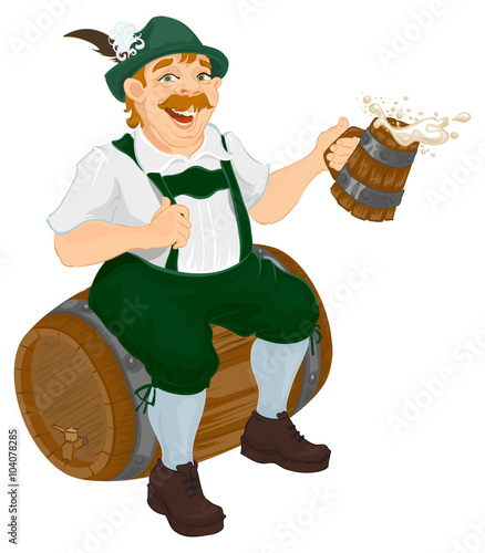 German man sits on an oak barrel and holding wooden beer mug. Bavarian fat man celebrating oktoberfest