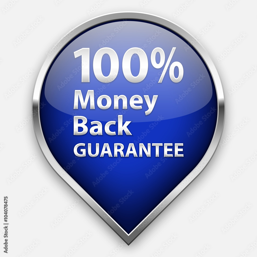 Blue 100% money back guarantee plate in silver frame Blue 100% money back guarantee plate in silver frame