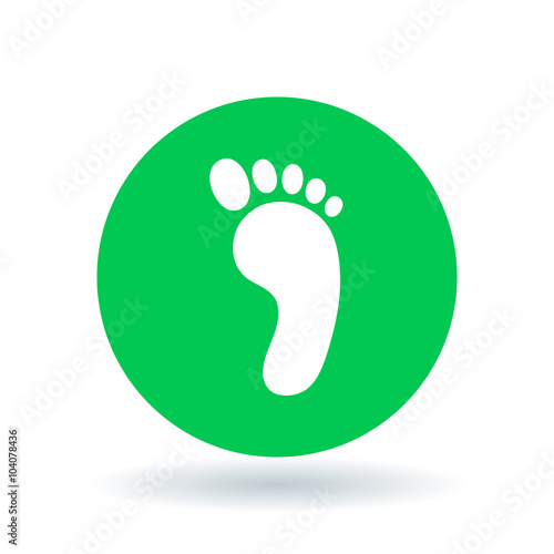 Foot icon. Footprint sign. Barefoot symbol. White footprint icon on green circle background. Vector illustration.