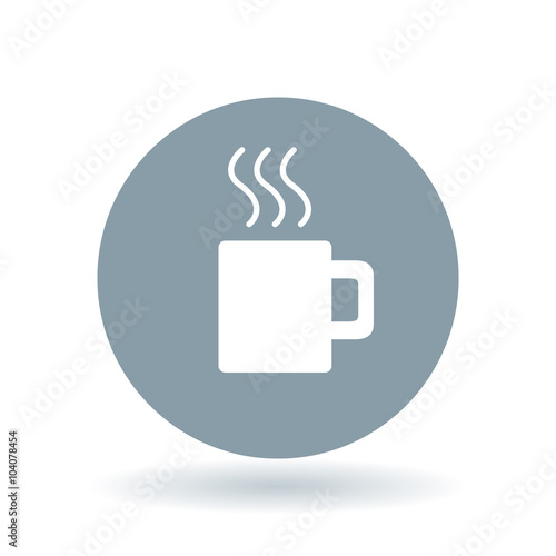 Coffee break icon. Tea time sign. Steaming coffee mug with aroma symbol. White coffee mug icon on cool grey circle background. Vector illustration.