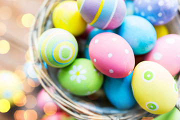 close up of colored easter eggs in basket