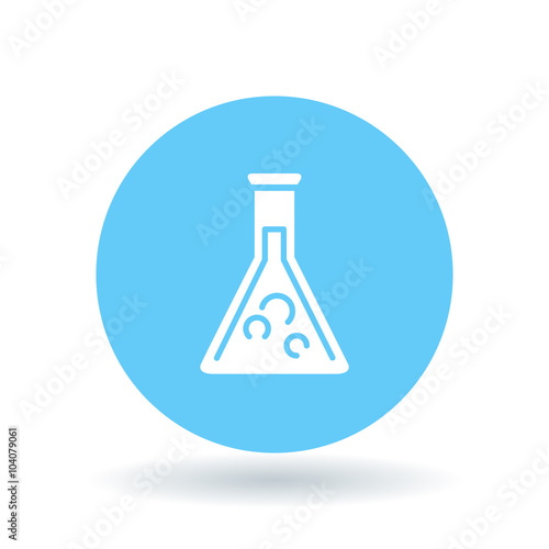Laboratory beaker icon. Lab beaker sign. Science beaker symbol. White laboratory beaker icon on blue circle background. Vector illustration.