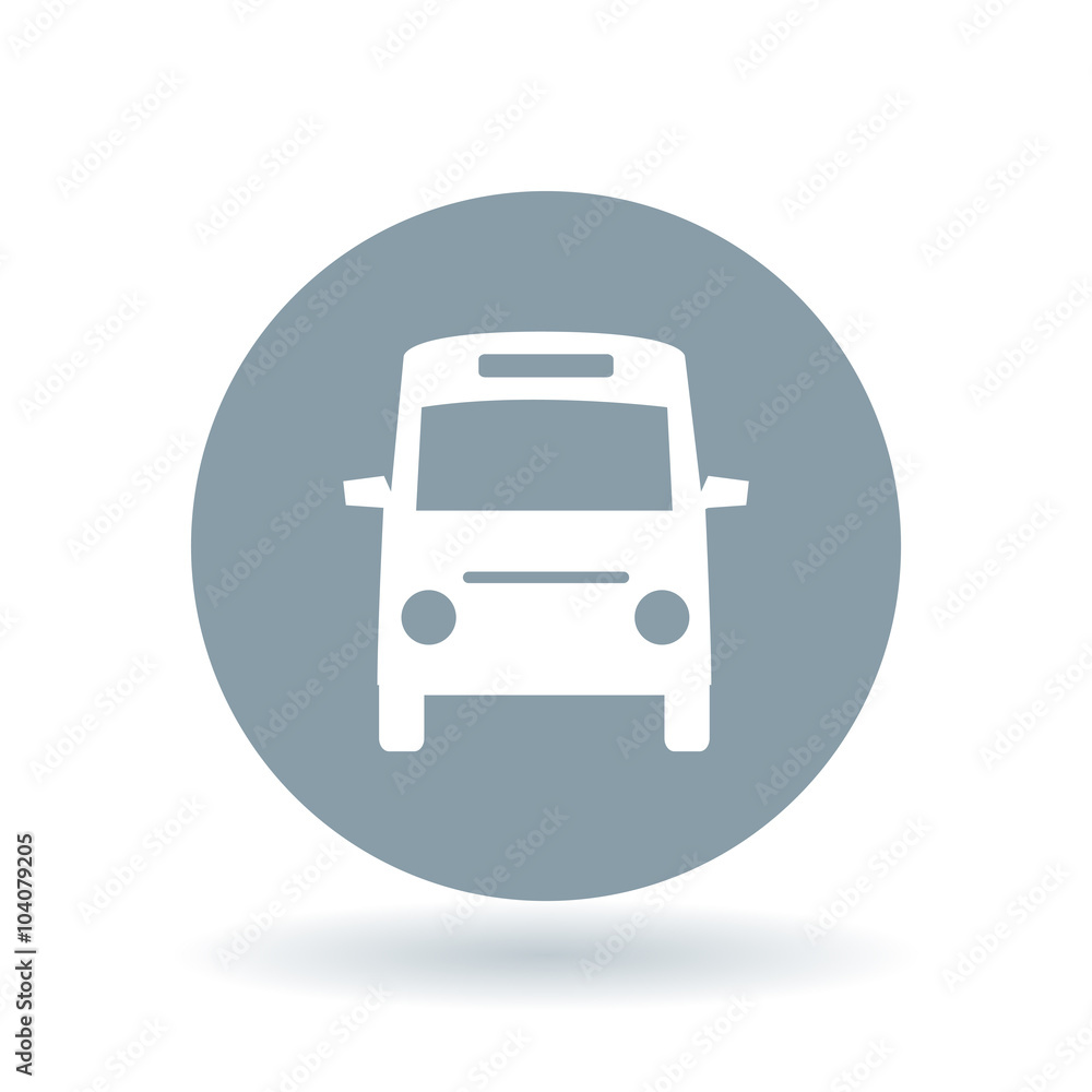 Minibus icon. Passenger vehicle bus sign. Public transport bus symbol. White minibus icon on cool grey circle background. Vector illustration. Minibus icon. Passenger vehicle bus sign. Public transport bus symbol. White minibus icon on cool grey circle background. Vector illustration.