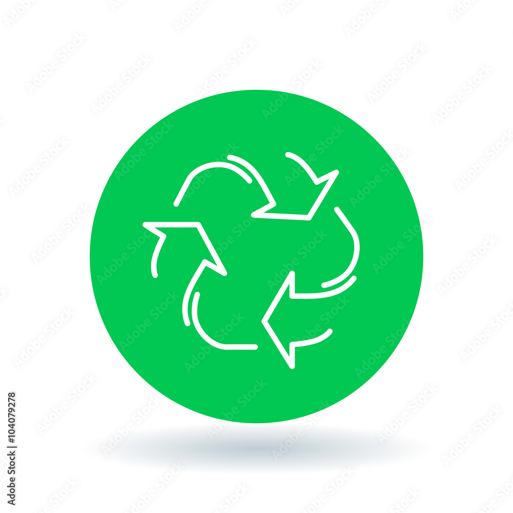 Recycle icon. Reuse sign. Recycle symbol. White recycle icon on green circle background. Vector illustration. Recycle icon. Reuse sign. Recycle symbol. White recycle icon on green circle background. Vector illustration.