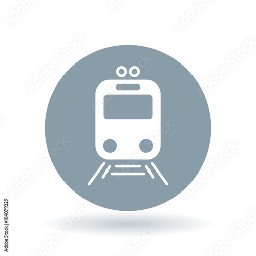 Tram icon. Tramway station sign. Public city transport symbol. White tram icon on cool grey circle background. Vector illustration.