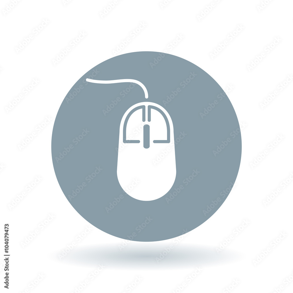 Computer mouse icon. Computer mouse sign. Wired mouse symbol. White PC mouse click icon on cool grey circle background. Vector illustration. Computer mouse icon. Computer mouse sign. Wired mouse symbol. White PC mouse click icon on cool grey circle background. Vector illustration.