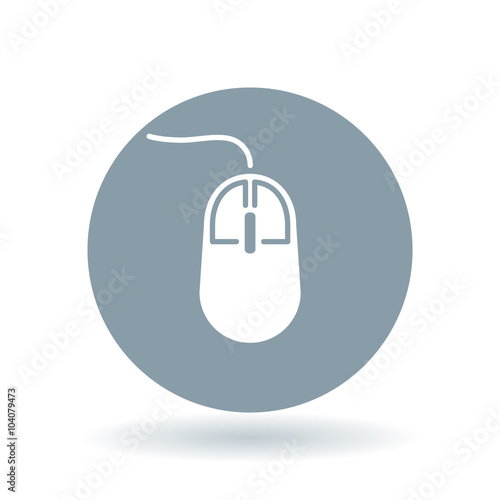 Computer mouse icon. Computer mouse sign. Wired mouse symbol. White PC mouse click icon on cool grey circle background. Vector illustration.