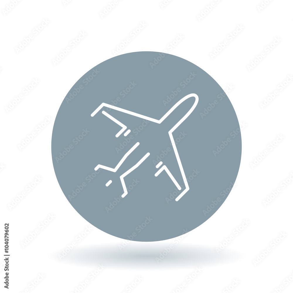 Flying airplane icon. aircraft sign. Commercial passenger plane symbol. White airplane icon on cool grey circle background. Vector illustration.