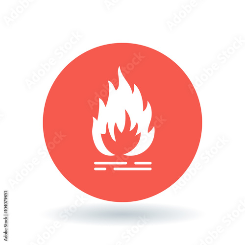 Fire icon. Flammable sign. Flame symbol. White fire icon on red circle background. Vector illustration.