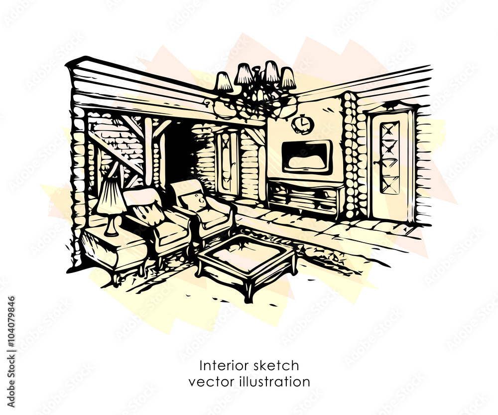 Hand drawn interior sketch. Home design billiard zone, provence style