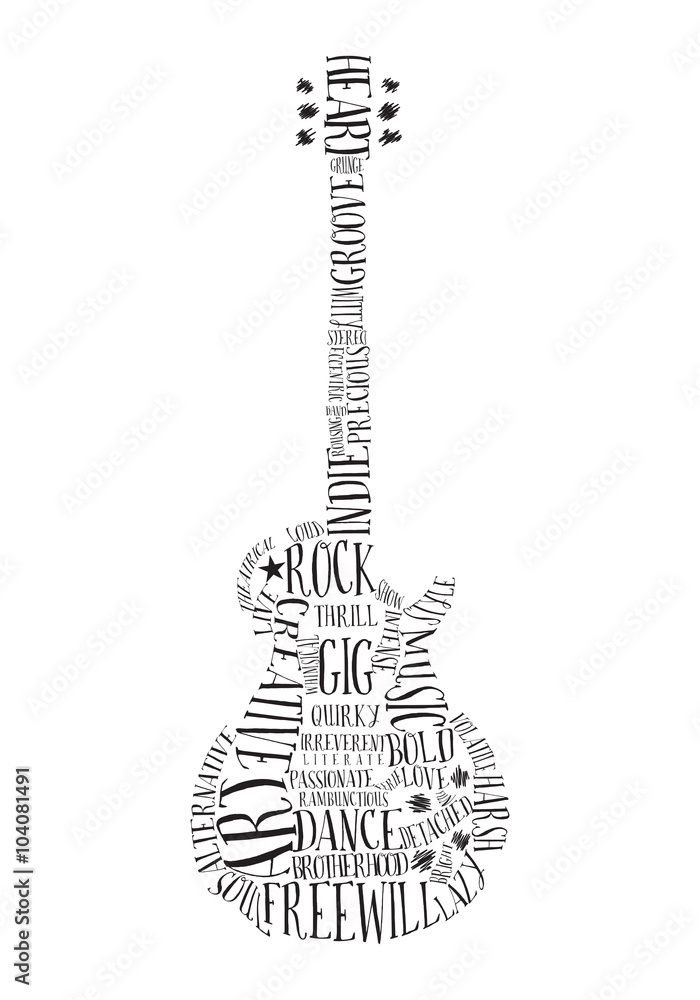 Obraz premium Creative Rock music poster template. Electric guitar made with words. Vector typography illustration.