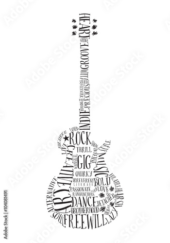 Creative Rock music poster template. Electric guitar made with words. Vector typography illustration.