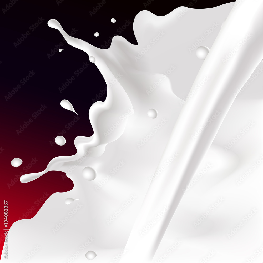 vector white splash and pour milk illustration on dark red background