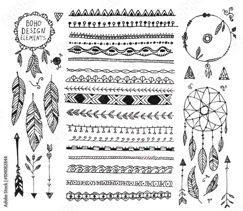 vector floral decor set, collection of hand drawn doodle boho style dividers, borders, arrows design elements, dream catchers. 