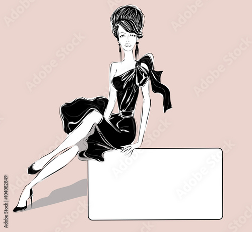 Black and white fashion woman with business card