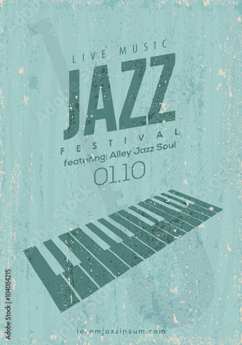 Vector Vintage Jazz music poster template. Hand drawn stylized keyboard and sax illustration. Texture effects can be turned off.