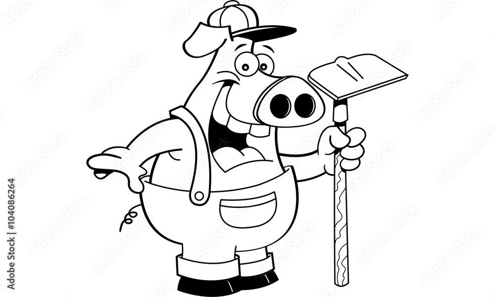 Black and white illustration of a pig in overhauls holding a sign.