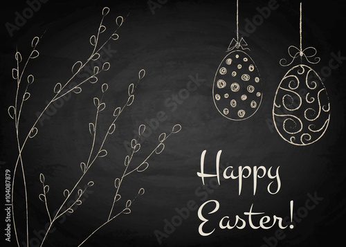 Easter background with pussy-willow and eggs on chalkboard