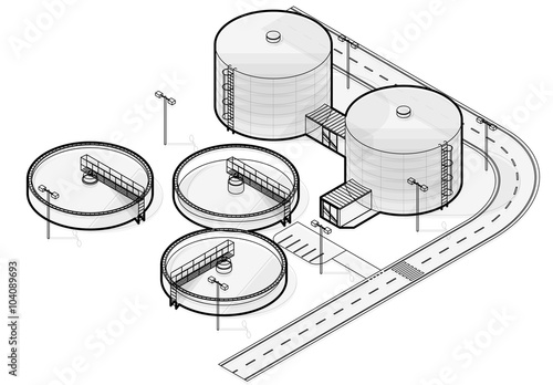 Water treatment isometric building info graphic, big wire bacterium purifier factory on white background. Scientific illustration. Industrial chemistry cleaner set. Flatten isolated master vector.
