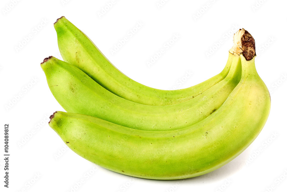 bunch of green bananas on white background