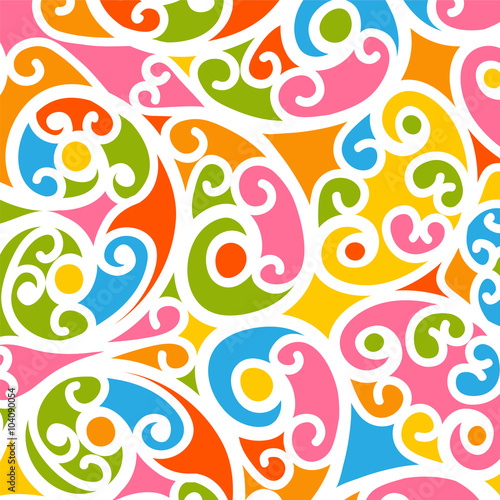 Bunter und Floraler Vektor Hintergrund mit Swirls und Twirls. Gekringelter und verschnörkelter farbiger, fröhlicher Background.