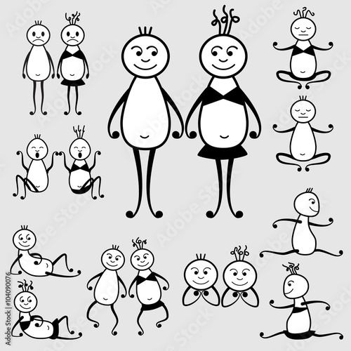 Collection of abstract cartoon little men and women in different