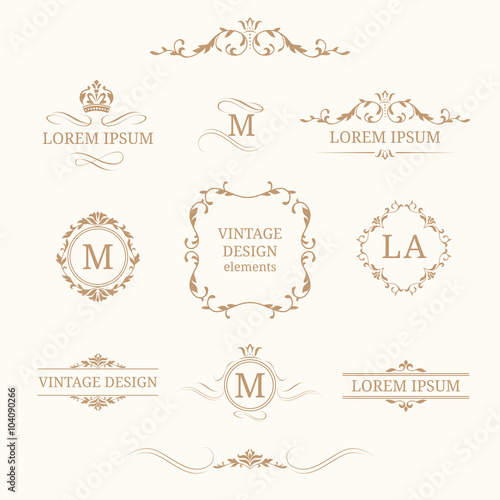 Set of elegant floral monograms and borders