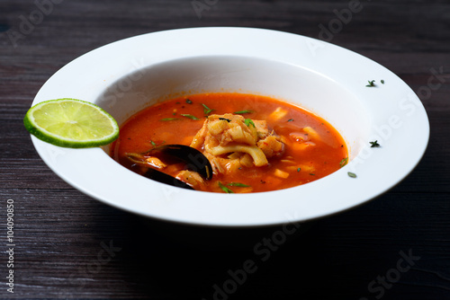 Delicious soup with mussels on black background