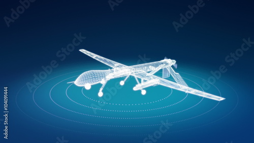 Animation of military drone wireframe rotating. Seamless loop. photo