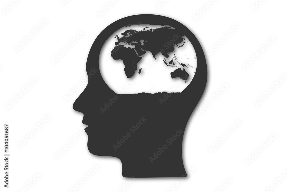 World Map inside the Head, Black & White. World Map inside the Head, Black & White.
