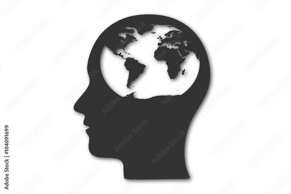 World Map inside the Head, Black & White. World Map inside the Head, Black & White.