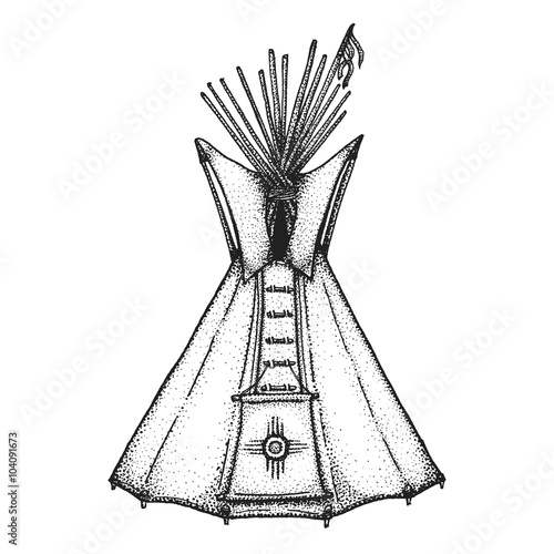 hand drawn indian tipi vintage illustration.