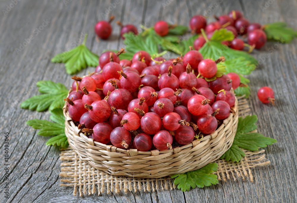 Gooseberries in basket on wooden table Gooseberries in basket on wooden table